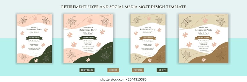 Happy retirement flyer, social media post design, banner, vector, pension, savings, plan, brochure, fund, magazine, traditional, old, elder citizen, party, free, senior, a4 template bundles.