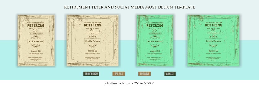 Happy retirement flyer, social media post design, banner, vector, pension, savings, plan, brochure, fund, magazine, traditional, old, elder citizen, party, free, senior, a4 template bundles.
