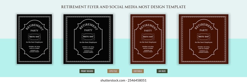 Happy retirement flyer, social media post design, banner, vector, pension, savings, plan, brochure, fund, magazine, traditional, old, elder citizen, party, free, senior, a4 template bundles.
