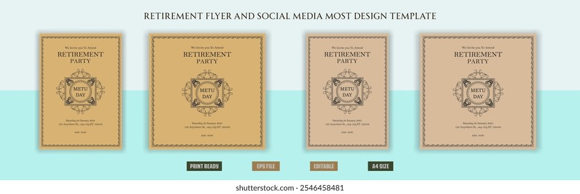 Happy retirement flyer, social media post design, banner, vector, pension, savings, plan, brochure, fund, magazine, traditional, old, elder citizen, party, free, senior, a4 template bundles.
