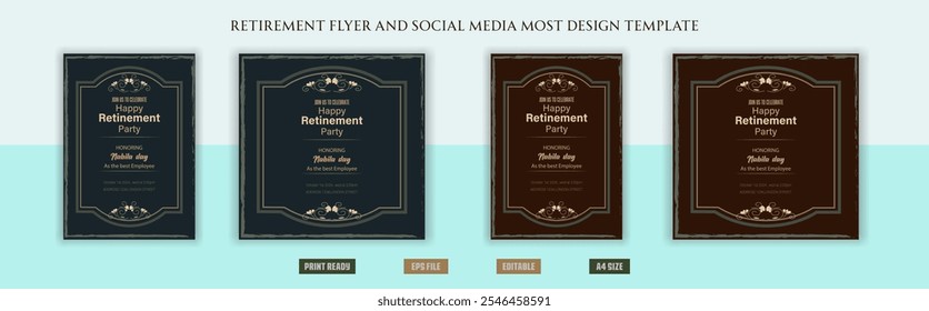 Happy retirement flyer, social media post design, banner, vector, pension, savings, plan, brochure, fund, magazine, traditional, old, elder citizen, party, free, senior, a4 template bundles.
