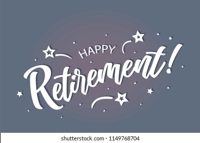 Happy Retirement lettering card, banner. Beautiful greeting scratched calligraphy white text word stars. Hand drawn invitation print design. Handwritten modern brush blue background isolated vector