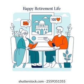 Happy Retirement Life concept. Elderly couple enjoying peaceful leisure time at home. Digital communication, relaxed reading, and comfortable living. Vector illustration.