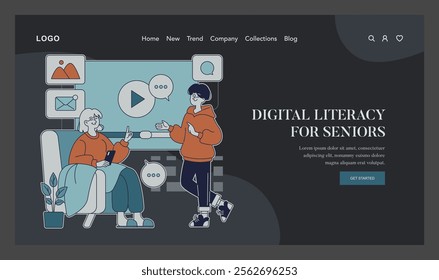 Happy retirement life concept. Elderly couple learning digital skills for enhanced connectivity. Embracing technology in senior years for communication. Vector illustration.