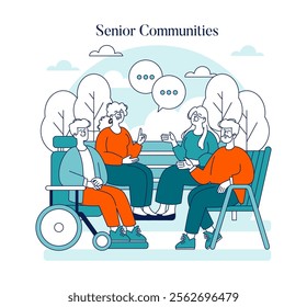 Happy Retirement Life concept. Elderly friends enjoying a conversation in a park setting, exemplifying community and support. Leisure time socializing. Vector illustration.