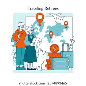 Happy Retirement Life concept. Senior couple planning adventure travel with dog, savings, and luggage. Freedom, leisure, and global tourism for elderly. Vector illustration.