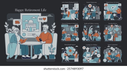 Happy Retirement Life set. Illustrations portray joyful senior activities, financial planning, and community engagement. Leisure, well-being, and learning moments for retirees. Vector illustration.