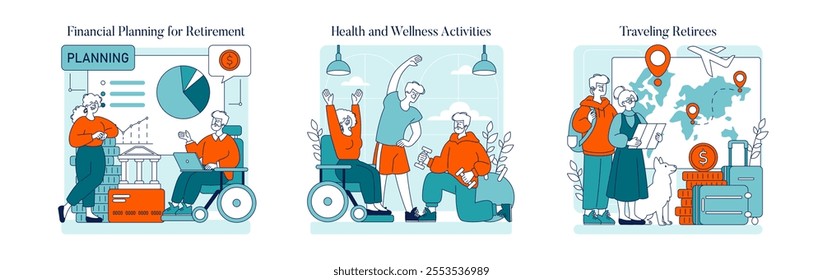 Happy Retirement Life set. Seniors enjoying financial planning, health activities, and globe-trekking experiences. Seamless transition to leisurely golden years. Vector illustration.