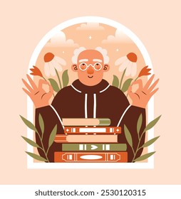 Happy retirement. Naive illustration with old man in eyeglasses and stack of books, who showing OK gesture of hands. Cartoon badge with window frame. Cute illustration of grandfather character.