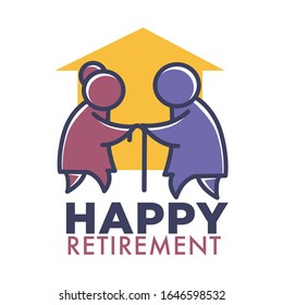 Happy Retirement Nursing Home Logo. Retired Elderly Couple Holding Hands On Walking Cane, Standing Side View, Old People Care Facilities House Outline. Graphic Vector Illustration On White Background.