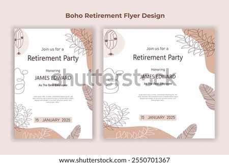  happy retirement party flyer. boho. bohemian flyer. social media post design. retirement poster. retirement banner. templates. vacation, congratulation, celebration, retire, emotion, greeting card