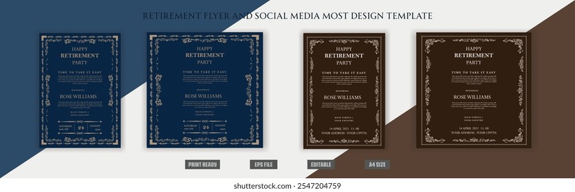 Happy retirement party flyer, brochure, social media post, congratulations, smile, festive, cool, chill, peace, savings, retire, ribbon, collection, vector, editable, traditional templates.