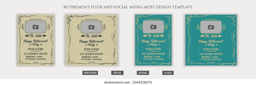 Happy retirement party flyer design, social media post, vintage, old, classic, traditional, festive, celebration, invitation, vector, illustration, a4 print ready templates bundle.