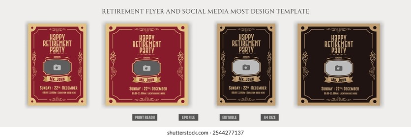 Happy retirement party flyer design, social media post, vintage, posh, traditional, celebration, festive, greeting, elder, vector, element, golden, black, chill, beach, a4 templates print ready bundle