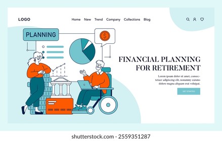 Happy Retirement Planning concept. A senior couple assesses finances for stress-free golden years. Pension fund growth, savings strategy. Vector illustration.