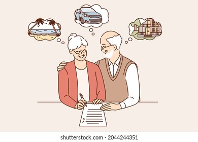 Happy retirement and planning vacations concept. Old mature couple man and woman standing signing document planning weekend together feeling happy vector illustration 