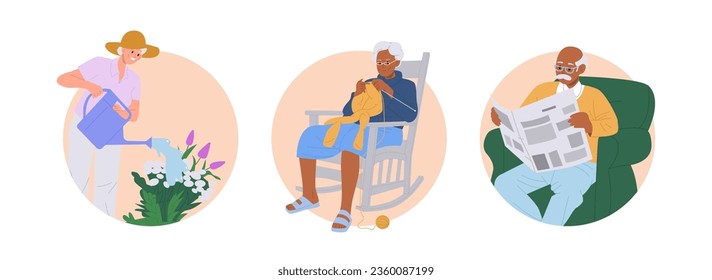 Composición feliz de la ronda de retiro con animadas mujeres mayores y actividad de hobby de hombres mayores