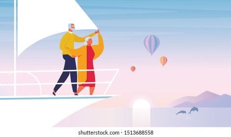 Happy Retirement, Sea Travel Vector Illustration. Elderly Tourists Couple Cartoon Characters. Happy Old Husband and Wife Holding Hands at Sailboat Prow. Romantic Journey, Outdoor Recreation