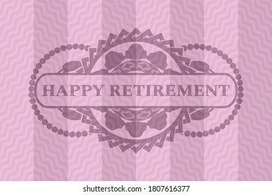 Happy Retirement text inside pink wavy badge. Curve delicate background. Vector illustration. 