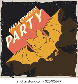 Happy retro bat flying in a night sky inviting to party.