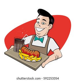 happy retro cartoon man serving german currywurst and cola