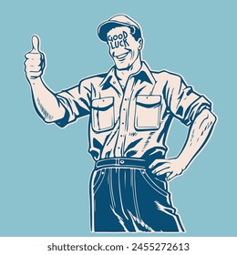 happy retro cartoon mechanic with text good luck in his smiling face