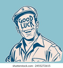 happy retro cartoon mechanic with text good luck in his smiling face