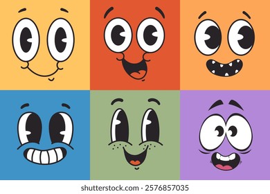 Happy retro cartoon style character face expression comic concept. Vector graphic design illustration element