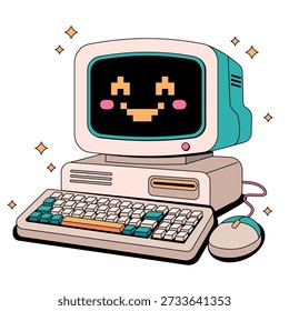 Happy Retro Computer with Pixel Smile