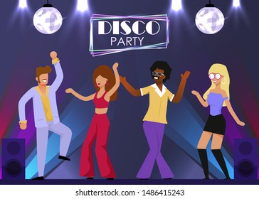 Happy Retro Dancers Group Moving on Dance Floor. Disco Party Neon Sign above Stage. Cartoon People Characters in Vintage Clothing Having Fun. Discotheque in Night Club. Flat Vector Illustration