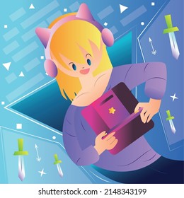 Happy retro girl cartoon playing on a mobile console Videogame Vector
