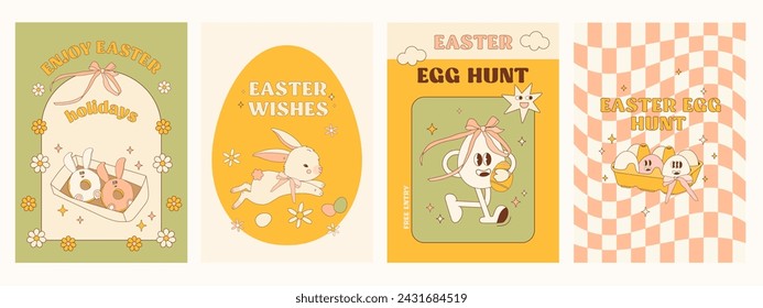 Happy Retro Groovy Easter Set of greeting cards, posters, holiday covers. Trendy design with typography, spring hand drawn flowers, eggs and bunny in pastel colors. Trendy art cartoon character style.