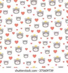 Happy retro heart and bear spring love seamless vector pattern 
