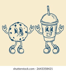 Happy retro mascot cookie and coffee to go character, smiling, thumb up gesture. Menu, homemade bakery symbol