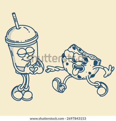 Happy retro mascot cookie and coffee to go character, smiling, love heart gesture. Menu, homemade bakery symbol