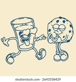 Happy retro mascot cookie and glass of milk character, smiling, heart gesture. Menu, homemade bakery symbol