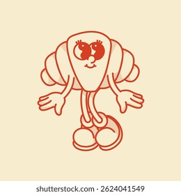 Happy retro mascot croissant character in cute shoes. Menu, homemade bakery symbol