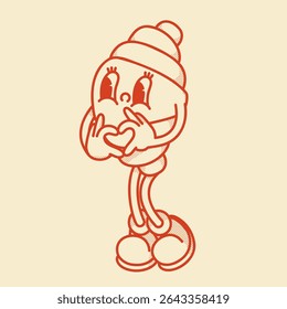 Happy retro mascot croissant character with love heart gesture in cute shoes. Menu, homemade bakery symbol