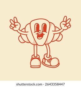Happy retro mascot croissant character with victory gesture, smiling, in cute shoes. Menu, homemade bakery symbol