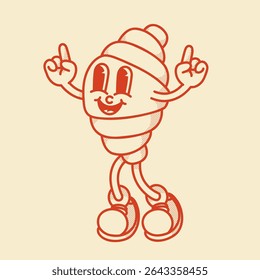 Happy retro mascot croissant character pointing upward, in cute shoes. Menu, homemade bakery symbol