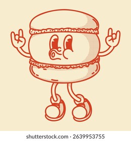 Happy retro mascot french sweet macaroon character, smiling, rock gesture. Menu, homemade bakery symbol
