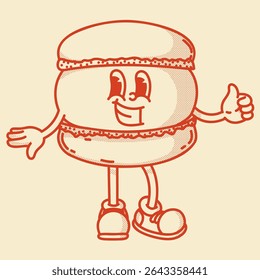 Happy retro mascot french sweet macaroon character, smiling, thumb up. Menu, homemade bakery symbol