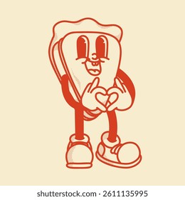 Happy retro mascot piece of pie character smiling with fingers in love heart gesture. Menu, homemade bakery symbol