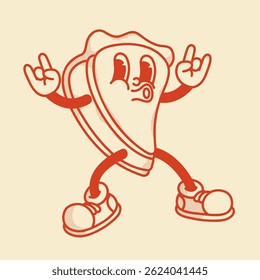 Happy retro mascot piece of pie character with fingers in rock gesture. Menu, homemade bakery symbol