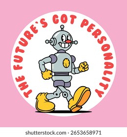 Mascote robô retrô feliz com texto "O futuro tem personalidade"