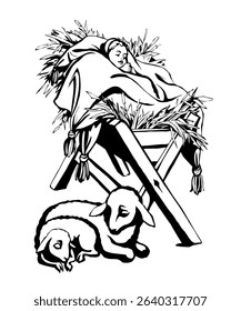 Happy retro scenic white barn lamb greet card line black hand drawn cute sacred saint Lord messiah gospel night noel life icon sign logo. Wood worship church scene sketch joy Israel story art style