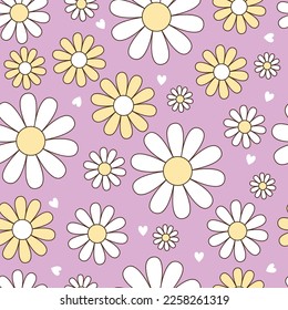 Happy retro seamless pattern with groovy daisy flowers. Cute various bright color chamomile. Vintage colorful hippie vector for invitation, wrapping paper, packaging etc.