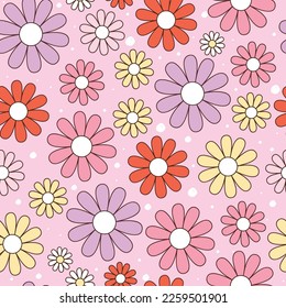 Happy retro seamless pattern with groovy daisy flowers. Cute various bright color chamomile. Vintage colorful hippie vector for invitation, wrapping paper, packaging etc.