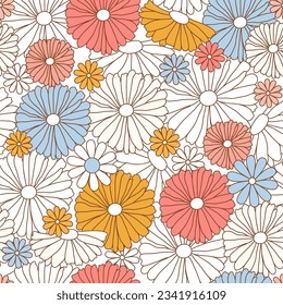 Feliz patrón retro sin fisuras con flores de margarita groovy. Diversos colores vivos. Vintage colorido vector hippie trippy para invitación, papel de embalaje, embalaje, etc.