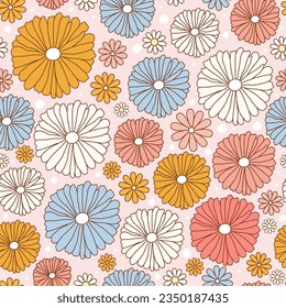 Happy retro seamless pattern with groovy daisy flowers. Cute various bright color daisy. Vintage colorful trippy hippie vector for invitation, wrapping paper, packaging etc.